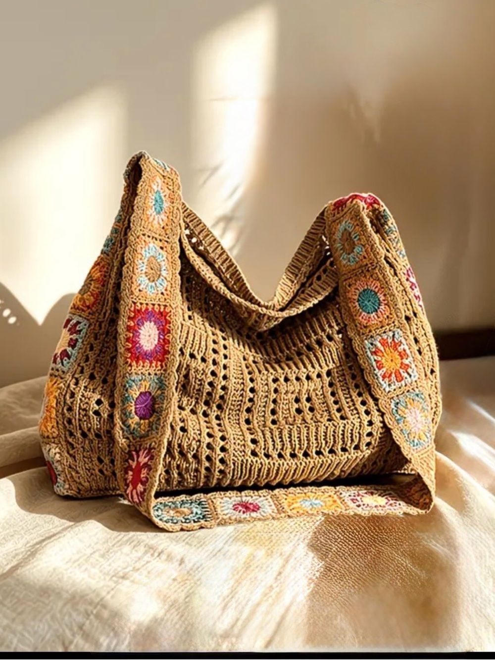 Boho Crochet Shoulder Bag in Tan with Multicolor Accents